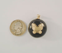 Vintage or Antique Kukui Nut Pendant w/ Solid 14K Yellow Gold Inlaid Etched Butterfly