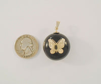 Vintage or Antique Kukui Nut Pendant w/ Solid 14K Yellow Gold Inlaid Etched Butterfly
