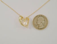 Large Luxurious Sparkly Signed Vintage Solid 14K Yellow Gold 6.5mm Natural White Pearl & Two Diamond Modernist Heart Center Set Pendant Necklace 18"