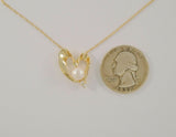 Large Luxurious Sparkly Signed Vintage Solid 14K Yellow Gold 6.5mm Natural White Pearl & Two Diamond Modernist Heart Center Set Pendant Necklace 18"