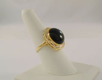 Bold Design Vintage 14K Solid Yellow Gold w/ Cabochon Black Onyx Cutout Greek Key Detail Ring Size 7.5