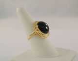 Bold Design Vintage 14K Solid Yellow Gold w/ Cabochon Black Onyx Cutout Greek Key Detail Ring Size 7.5