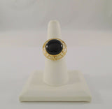 Bold Design Vintage 14K Solid Yellow Gold w/ Cabochon Black Onyx Cutout Greek Key Detail Ring Size 7.5