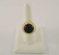 Bold Design Vintage 14K Solid Yellow Gold w/ Cabochon Black Onyx Cutout Greek Key Detail Ring Size 7.5