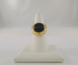 Bold Design Vintage 14K Solid Yellow Gold w/ Cabochon Black Onyx Cutout Greek Key Detail Ring Size 7.5