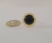 Bold Design Vintage 14K Solid Yellow Gold w/ Cabochon Black Onyx Cutout Greek Key Detail Ring Size 7.5