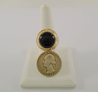 Bold Design Vintage 14K Solid Yellow Gold w/ Cabochon Black Onyx Cutout Greek Key Detail Ring Size 7.5