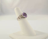 Large Highly Detailed Vintage Handcrafted Signed Paz Creations of Israel Sterling Silver & Amethyst Statement Ring w/ Ornate Carved Dimensional Leafy Flower & Vine Motif Size 5.5