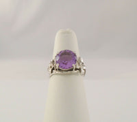 Large Highly Detailed Vintage Handcrafted Signed Paz Creations of Israel Sterling Silver & Amethyst Statement Ring w/ Ornate Carved Dimensional Leafy Flower & Vine Motif Size 5.5