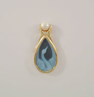 Detailed Signed Vintage Solid 14K Yellow Gold Blue Jasperware Swan 6.25mm Natural White Pearl & Diamond Pendant