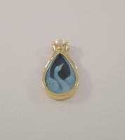 Detailed Signed Vintage Solid 14K Yellow Gold Blue Jasperware Swan 6.25mm Natural White Pearl & Diamond Pendant