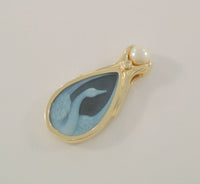 Detailed Signed Vintage Solid 14K Yellow Gold Blue Jasperware Swan 6.25mm Natural White Pearl & Diamond Pendant