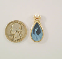 Detailed Signed Vintage Solid 14K Yellow Gold Blue Jasperware Swan 6.25mm Natural White Pearl & Diamond Pendant