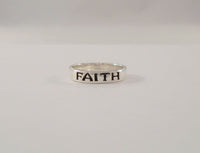 Signed Vintage Premier Designs Sterling Silver Polished 4.5mm Band Ring w/ Carved & Oxidized "Faith"  Size 6