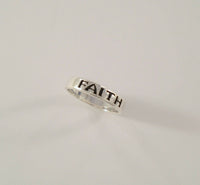 Signed Vintage Premier Designs Sterling Silver Polished 4.5mm Band Ring w/ Carved & Oxidized "Faith"  Size 6