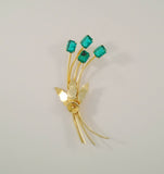 Very Large Signed Vintage Anthony Aquilino Gold Vermeil over Sterling Silver Dimensional Leafy Floral Brooch w/ Prong Set Emerald Cut Green Rhinestones