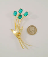 Very Large Signed Vintage Anthony Aquilino Gold Vermeil over Sterling Silver Dimensional Leafy Floral Brooch w/ Prong Set Emerald Cut Green Rhinestones