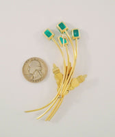 Very Large Signed Vintage Anthony Aquilino Gold Vermeil over Sterling Silver Dimensional Leafy Floral Brooch w/ Prong Set Emerald Cut Green Rhinestones