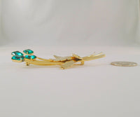 Very Large Signed Vintage Anthony Aquilino Gold Vermeil over Sterling Silver Dimensional Leafy Floral Brooch w/ Prong Set Emerald Cut Green Rhinestones