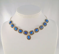 Handcrafted Vintage Sterling Silver & Vivid Blue Lapis Lazuli Cabochon Drop Necklace w/ a Fancy Chain & Southwest Rope Details 15"