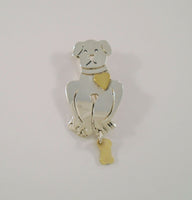 Large Vintage Mexican Sterling Silver Puppy Dog Pin or Brooch w/ Applied Golden Brass Heart & Dangling Bone Charm