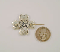 Large Signed Vintage Beau Sterling Silver Curvy Repousse Carved Detail Dogwood Tree Flower Blossom Brooch Pin