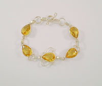 Sparkly Curvy Handcrafted Vintage Sterling Silver and Brilliant Lemon Yellow Pear Cut Faceted Citrine Toggle Bracelet 7.75"