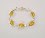 Sparkly Curvy Handcrafted Vintage Sterling Silver and Brilliant Lemon Yellow Pear Cut Faceted Citrine Toggle Bracelet 7.75"