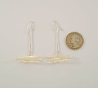 Unusual Long Vintage Sterling Silver and Creamy White Freshwater Stick Pearls Dangle Hook Earrings