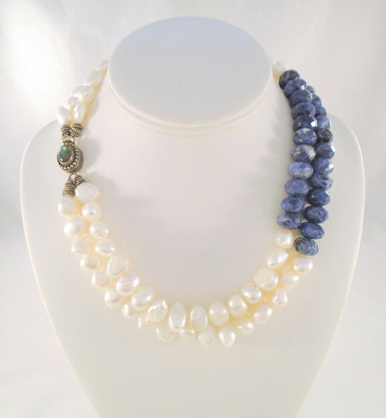 Bold & Chunky Signed Vintage ZIM Sterling Silver Faceted Lapis Lazuli Freshwater Pearl Labradorite Double Strand Necklace 18"