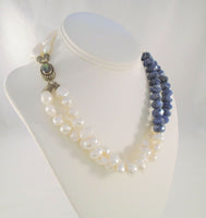 Bold & Chunky Signed Vintage ZIM Sterling Silver Faceted Lapis Lazuli Freshwater Pearl Labradorite Double Strand Necklace 18"