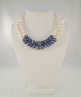 Bold & Chunky Signed Vintage ZIM Sterling Silver Faceted Lapis Lazuli Freshwater Pearl Labradorite Double Strand Necklace 18"