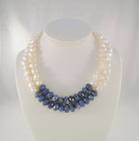 Bold & Chunky Signed Vintage ZIM Sterling Silver Faceted Lapis Lazuli Freshwater Pearl Labradorite Double Strand Necklace 18"