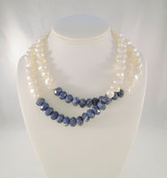 Bold & Chunky Signed Vintage ZIM Sterling Silver Faceted Lapis Lazuli Freshwater Pearl Labradorite Double Strand Necklace 18"