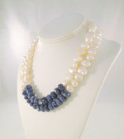 Bold & Chunky Signed Vintage ZIM Sterling Silver Faceted Lapis Lazuli Freshwater Pearl Labradorite Double Strand Necklace 18"