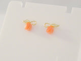 New Dainty Signed Solid 14K Yellow Gold Carved Angel Skin Coral Rose Bud Leafy Stud Pierced Earrings