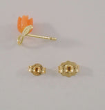 New Dainty Signed Solid 14K Yellow Gold Carved Angel Skin Coral Rose Bud Leafy Stud Pierced Earrings