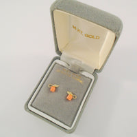 New Dainty Signed Solid 14K Yellow Gold Carved Angel Skin Coral Rose Bud Leafy Stud Pierced Earrings