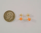 New Dainty Signed Solid 14K Yellow Gold Carved Angel Skin Coral Rose Bud Leafy Stud Pierced Earrings