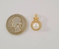 Sparkly Signed Vintage or Antique BastianBrothers Leafy Topped 14K Solid Yellow Gold & Creamy White 6.5mm Pearl Enhancer or Pendant set w/ Twenty Diamonds