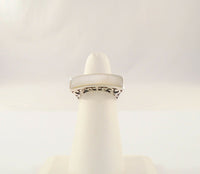 Big Bold Vintage Sterling Silver Mother of Pearl Inlaid 7.9mm Wide Carved Cross & Scroll Design Ring Size 5.5