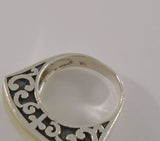 Big Bold Vintage Sterling Silver Mother of Pearl Inlaid 7.9mm Wide Carved Cross & Scroll Design Ring Size 5.5