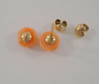 Vintage 14K Solid Yellow Gold Carved Peach Pink Salmon Coral 8mm Cabbage Rose Stud Pierced Earrings