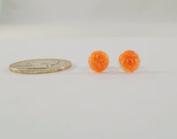 Vintage 14K Solid Yellow Gold Carved Peach Pink Salmon Coral 8mm Cabbage Rose Stud Pierced Earrings