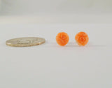 Vintage 14K Solid Yellow Gold Carved Peach Pink Salmon Coral 8mm Cabbage Rose Stud Pierced Earrings