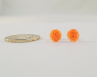 Vintage 14K Solid Yellow Gold Carved Peach Pink Salmon Coral 8mm Cabbage Rose Stud Pierced Earrings