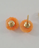 Vintage 14K Solid Yellow Gold Carved Peach Pink Salmon Coral 8mm Cabbage Rose Stud Pierced Earrings