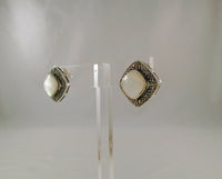 Large Signed Vintage Sterling Silver Mother of Pearl & Marcasite Surround Pierced Earrings