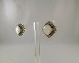 Large Signed Vintage Sterling Silver Mother of Pearl & Marcasite Surround Pierced Earrings