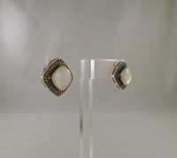 Large Signed Vintage Sterling Silver Mother of Pearl & Marcasite Surround Pierced Earrings